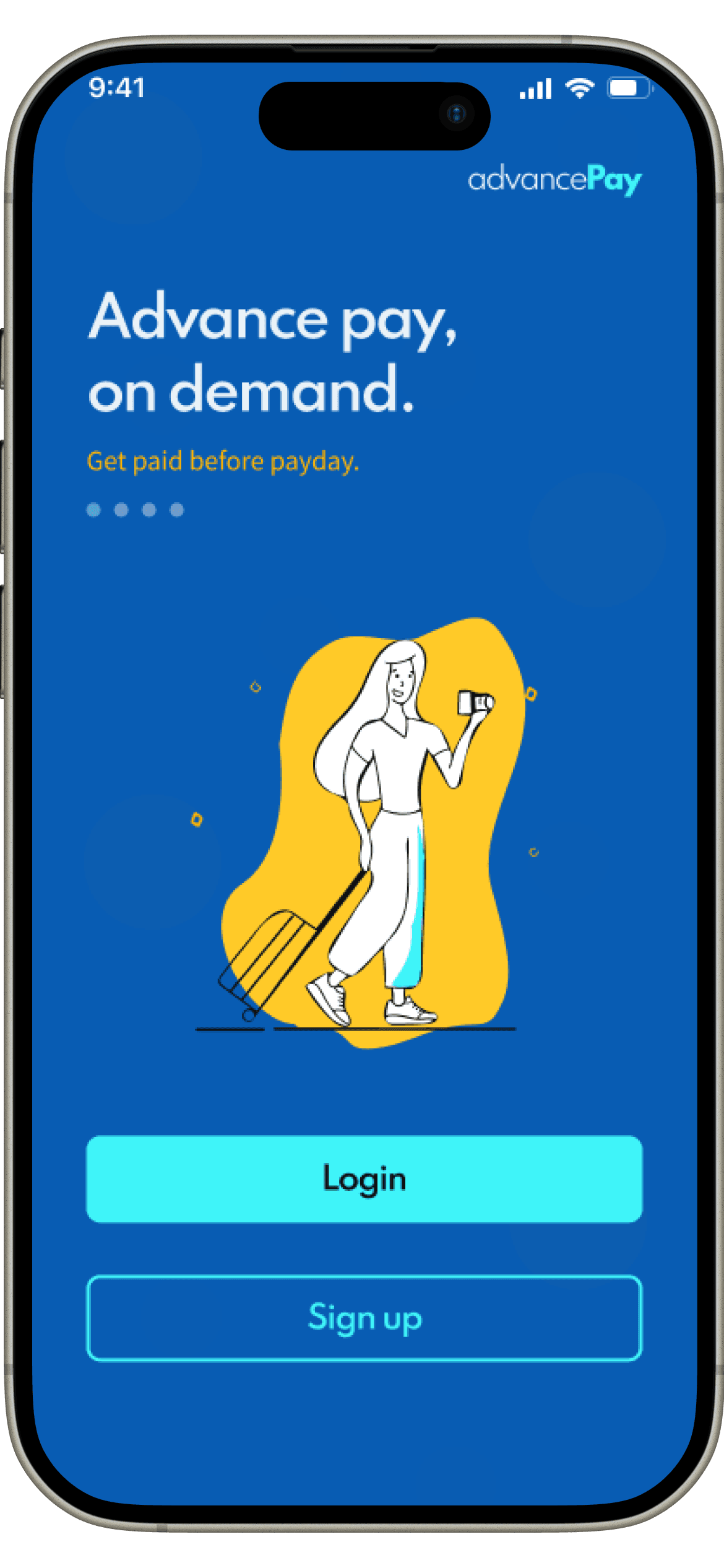 AdvancePay welcome screen with login and sign up options