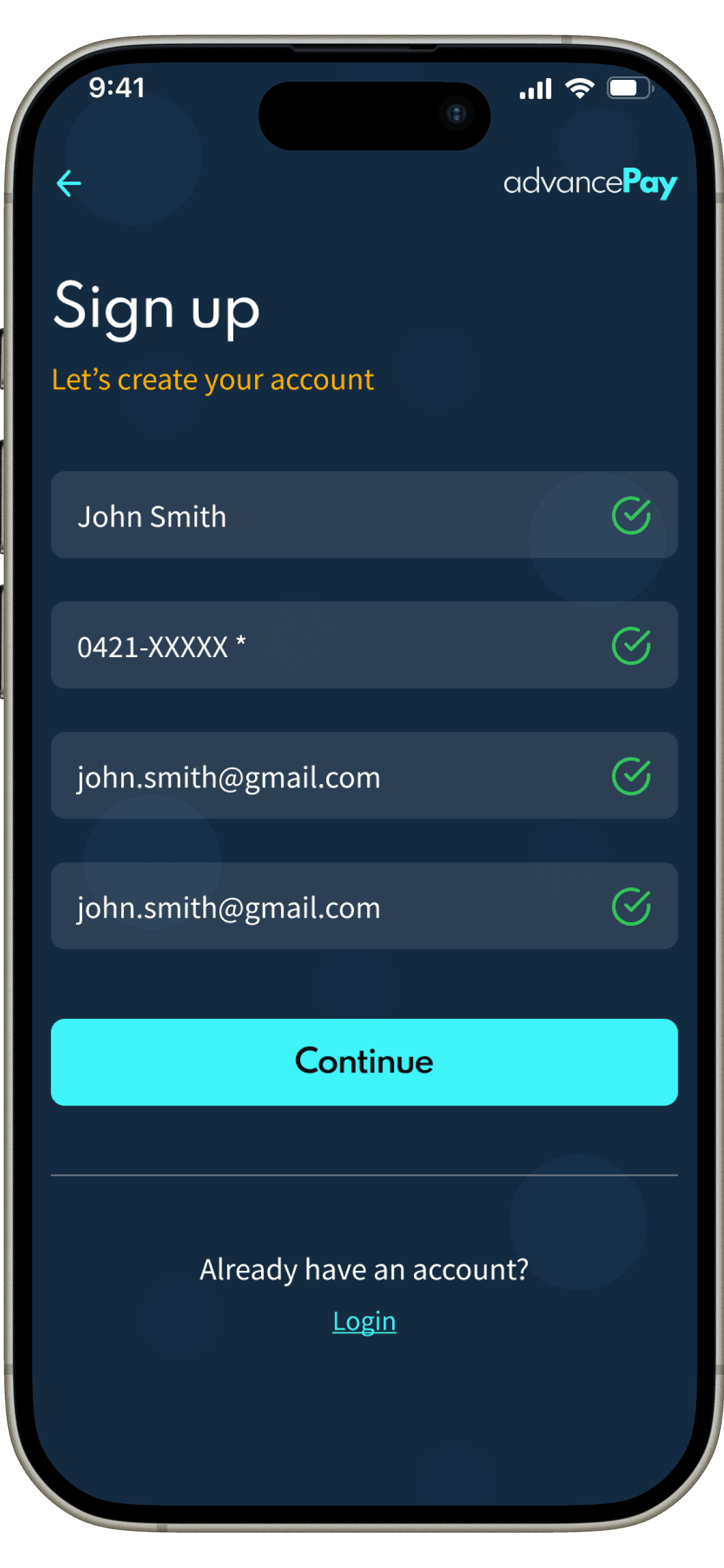 AdvancePay sign up screen collecting name, phone, and email