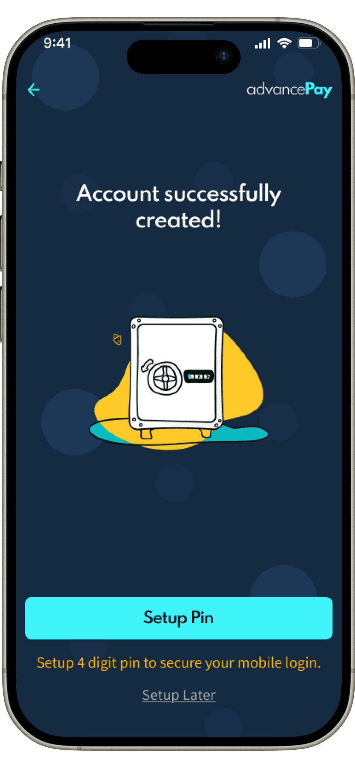 AdvancePay account confirmation screen prompting PIN setup