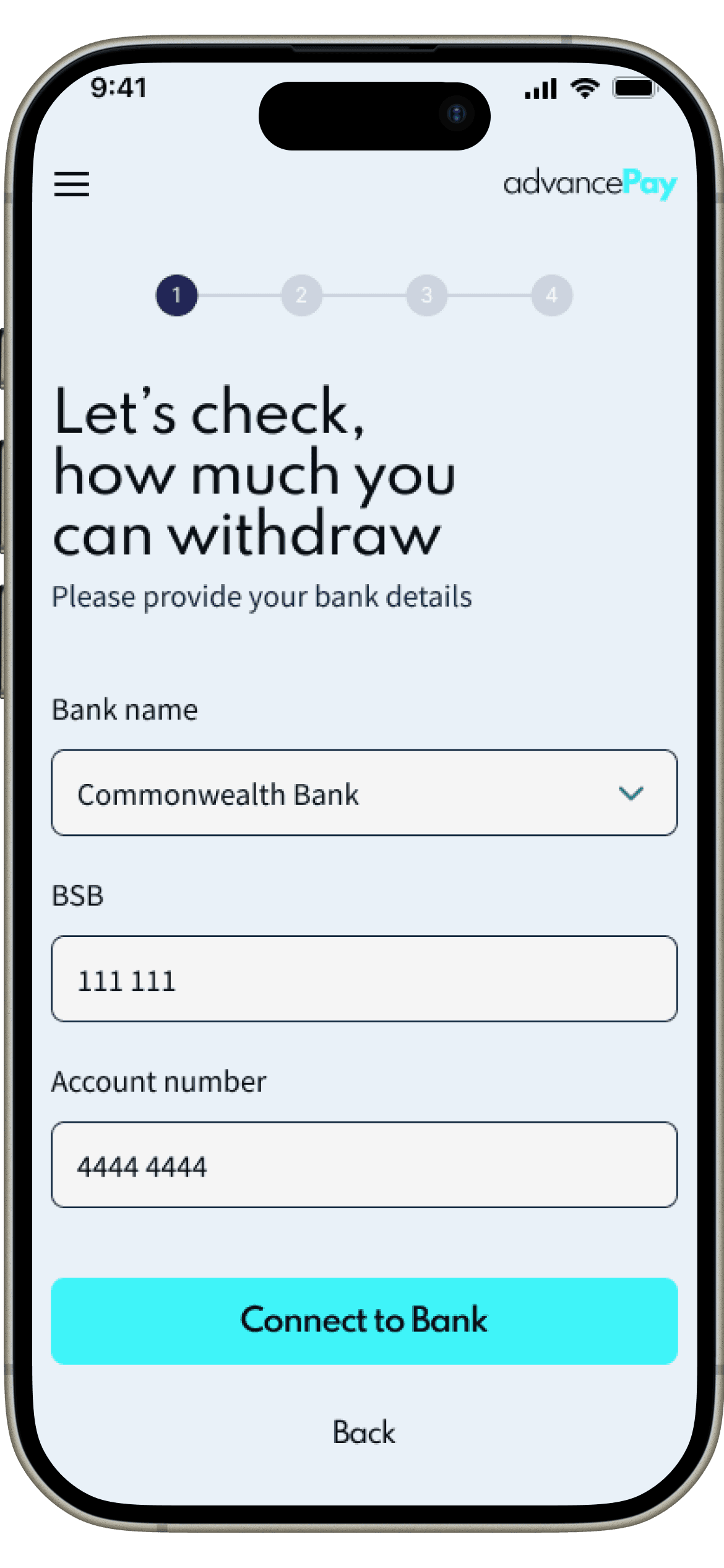 AdvancePay bank connection form for checking withdrawal eligibility