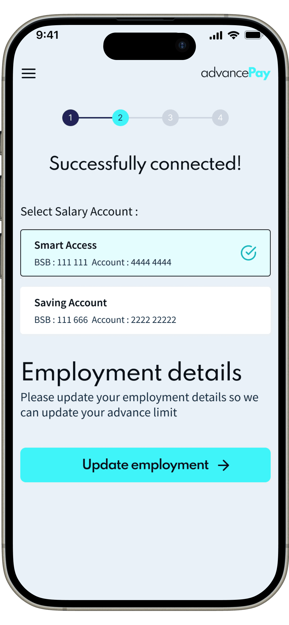 AdvancePay screen confirming bank connection and selecting a salary account