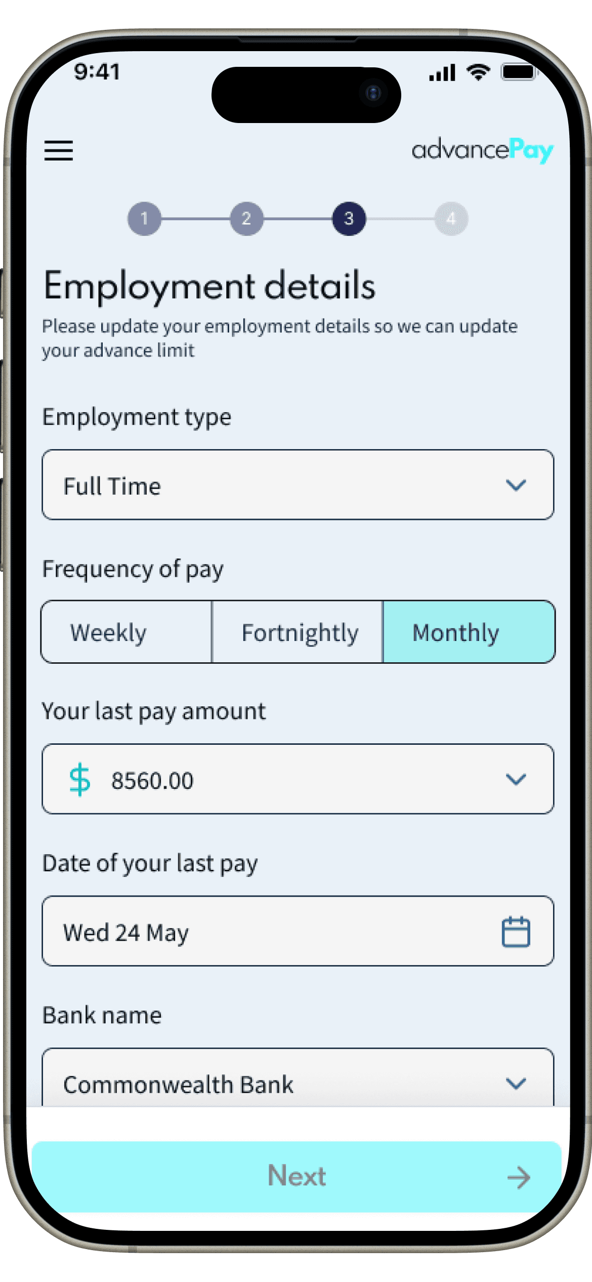 AdvancePay employment details form for calculating advance limit