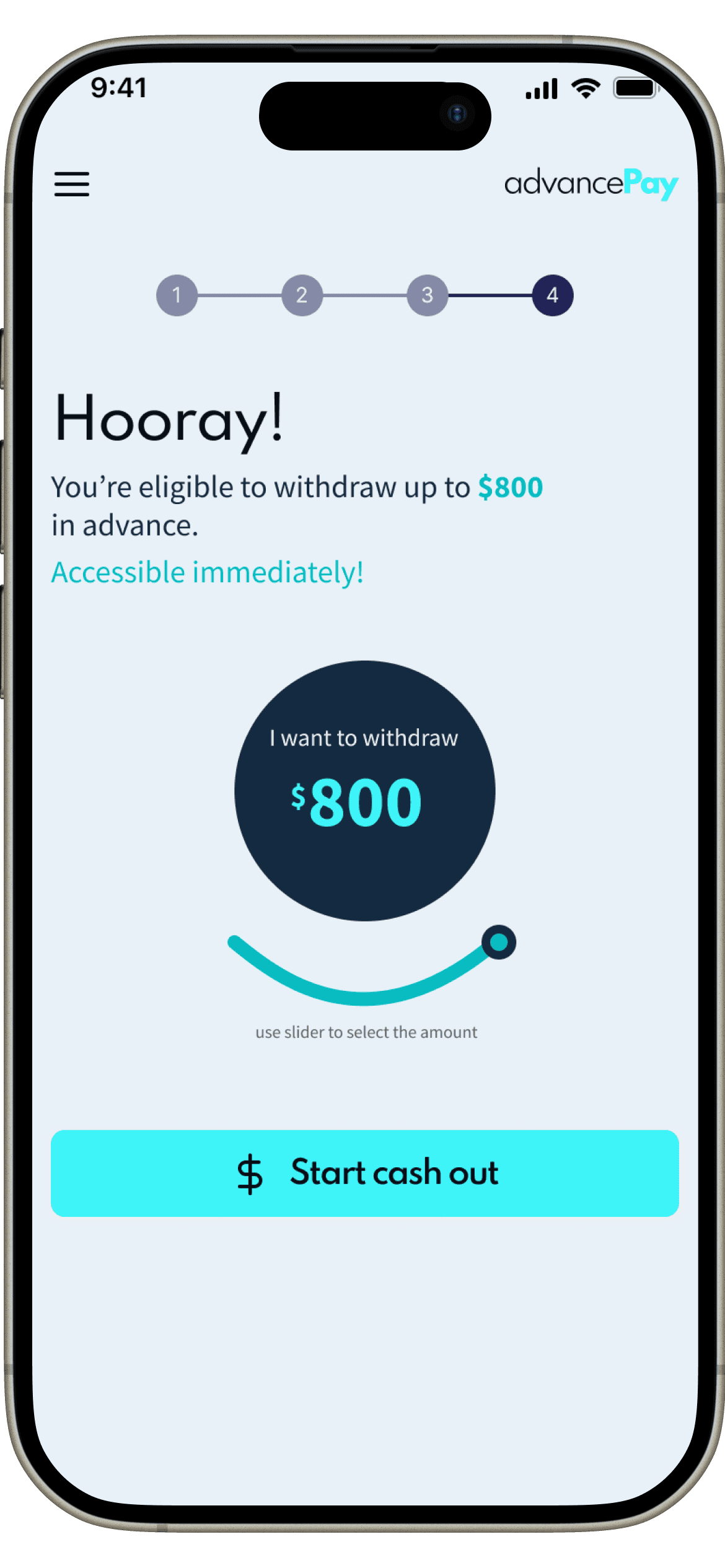 AdvancePay screen showing eligible withdrawal amount with an amount slider