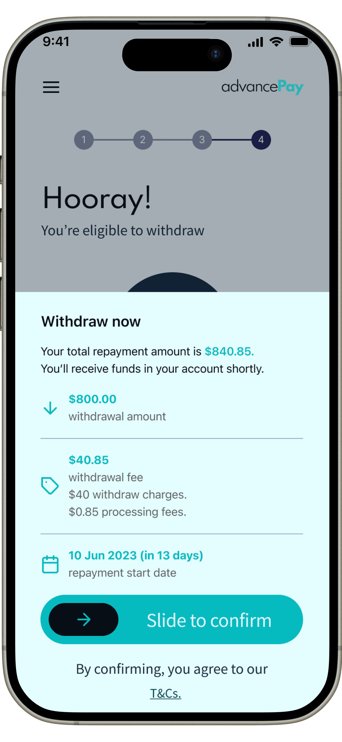 AdvancePay withdrawal confirmation screen showing fees and repayment start date