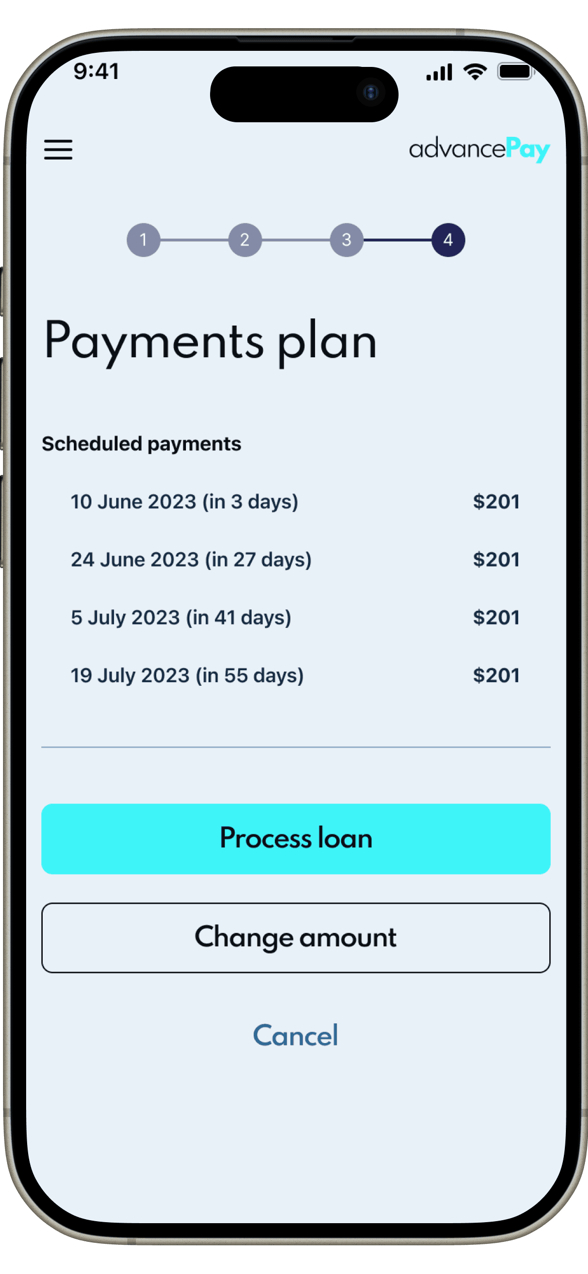 AdvancePay scheduled repayment plan across four installments