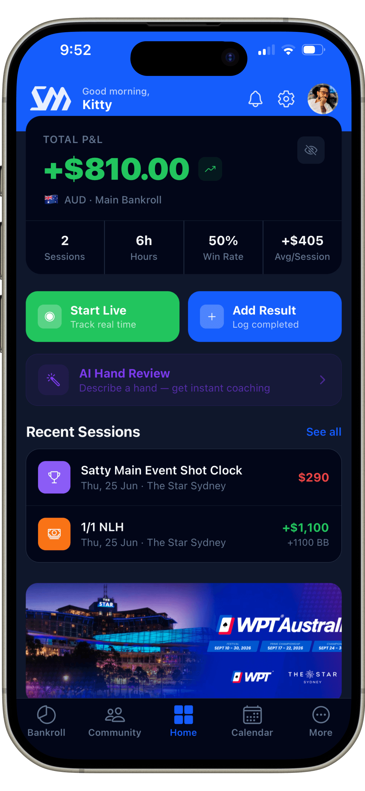 Stakemate home dashboard showing total profit and loss, sessions, and recent results