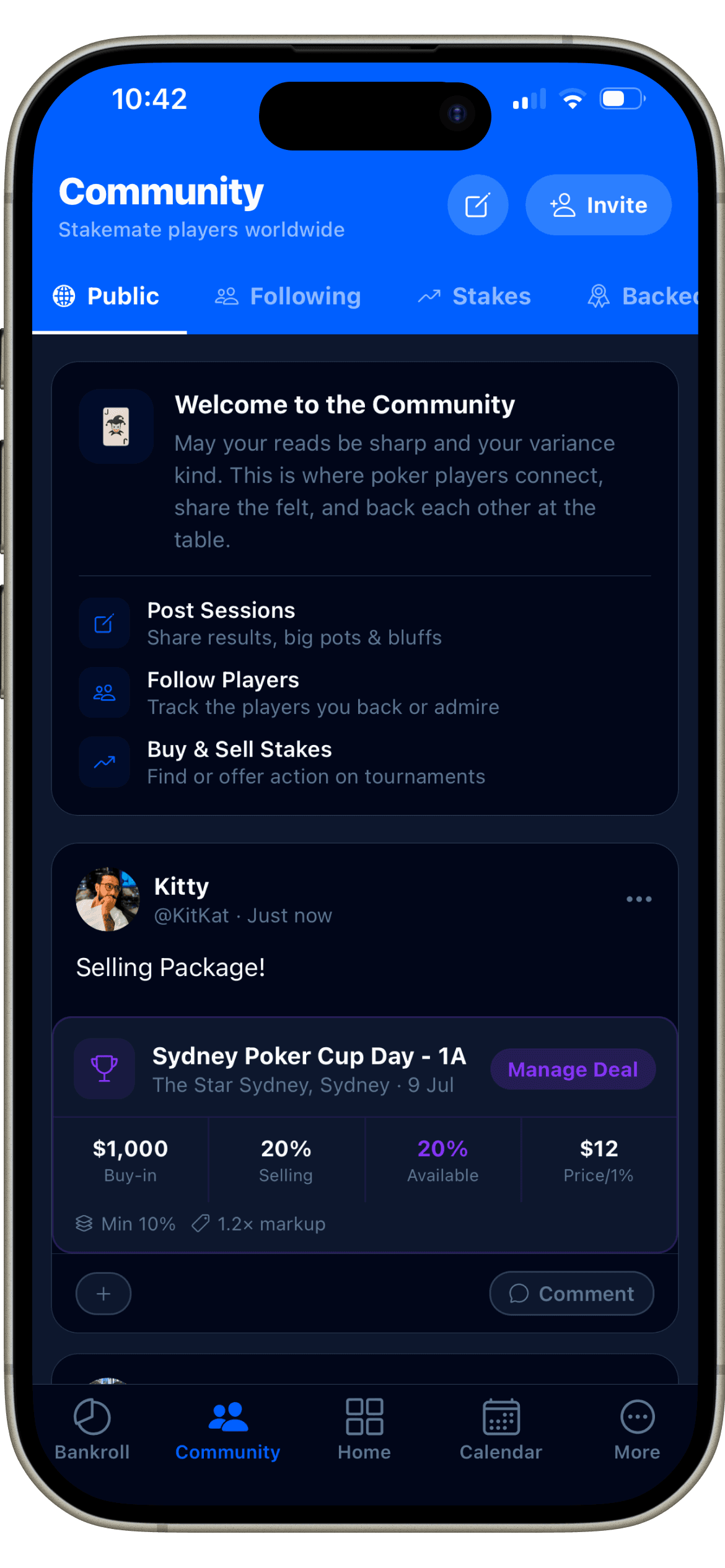 Stakemate community feed with staking posts and shared session results