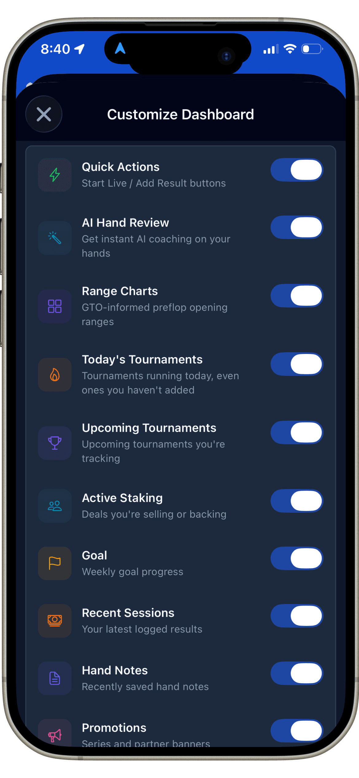 Stakemate dashboard customization screen with toggles for each home screen module